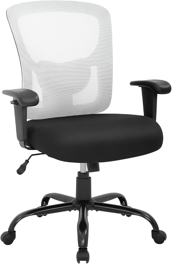 BestOffice Big and Tall Office Chair 400lbs Desk Chair Mesh Computer Chair with Lumbar Support Wide Seat Adjust Arms Rolling Swivel High Back Task Executive Ergonomic Chair for Home Office, White