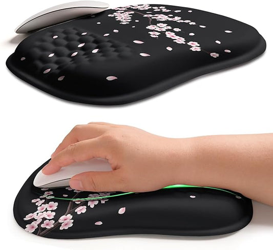 Hokafenle Ergonomic Wrist-hugging Mouse Pad Wrist Support, U-shaped Holding Wrist Rest Mousepad for Carpal Tunnel Pain Relief with Cushioned Memory Foam Slope Massage Bulge (10.2x8.3 in,CherryBlossom)