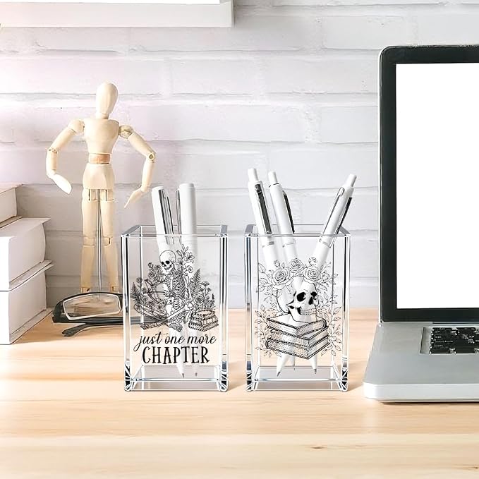 Just One More Chapter Acrylic Pen Holder Cup Set 2, Funny Skull Pencil Holder Desk Organizer, Skull Office Desk Accessories, Sarcastic Book Lover Gifts for Women Men Bookworms Coworkers Teachers