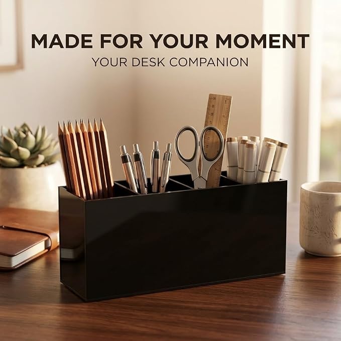 4 Compartment Black Acrylic Pen Holder for Desk, Large Desktop Organizer & Pencil Cup, Makeup Brush Holder for Countertop, Multi-functional Pen Pencil Brushes Holders Caddy (Opaque Black)