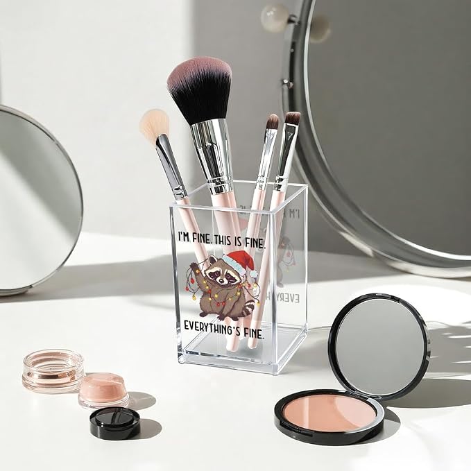 I'm Fine This Is Fine Acrylic Cosmetic Pencil Pen Holder Cup, Funny Raccoon Christmas Pen Holder Cup, Raccoon Lover Gifts for Women Men, Office Sarcastic Gifts for Women Men Colleague Boss