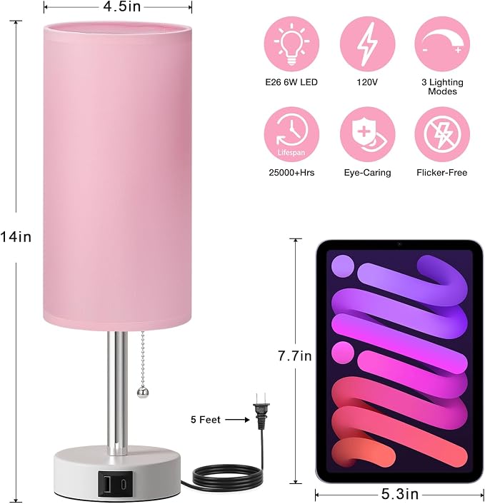 Dicoool Pink Bedside Table Lamp for Bedroom, Small Nightstand Lamp for Girls Kids, 3 Color Temperatures & USB Charging Port, Cute Desk Lamp for Teens Room Decor, Dorm Room Essentials