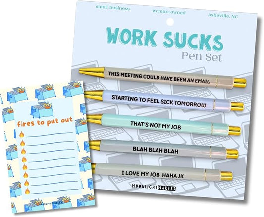 Moonlight Makers Funny Pens and Notepad Stationery Set - 5 Sarcastic Engraved Ballpoint Pens, Black Ink, Funny Office Gifts for Women, Teachers, Coworkers, Novelty Gag Gift Set - Work Sucks Pen