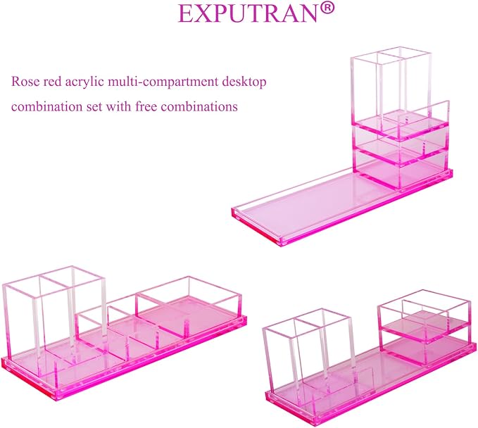 Acrylic Desk Organizer 4-Piece Desk Kit + Free Complimentary Acrylic Ruler, Desktop Organization for Office or Home，Rose Red