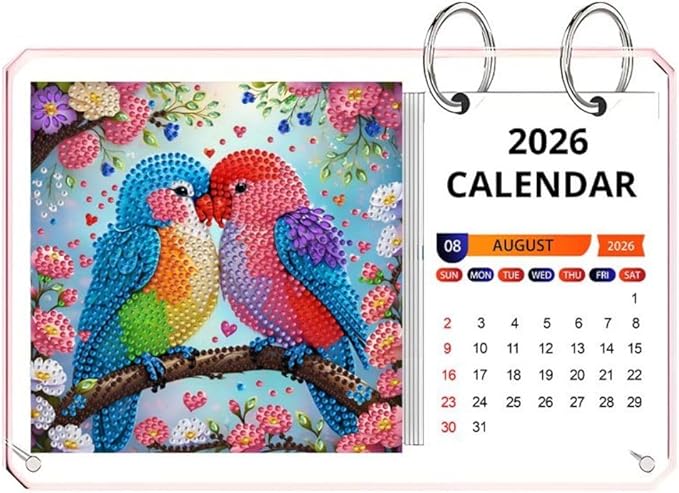 2026 Standing Desk Calendar DIY Diamond Art Painting Monthly Flip Desktop Calendar Mosaic Kits Acrylic Tabletop Calendars Diamond Art Craft Supplies Planner for Office Home Decor-Bird