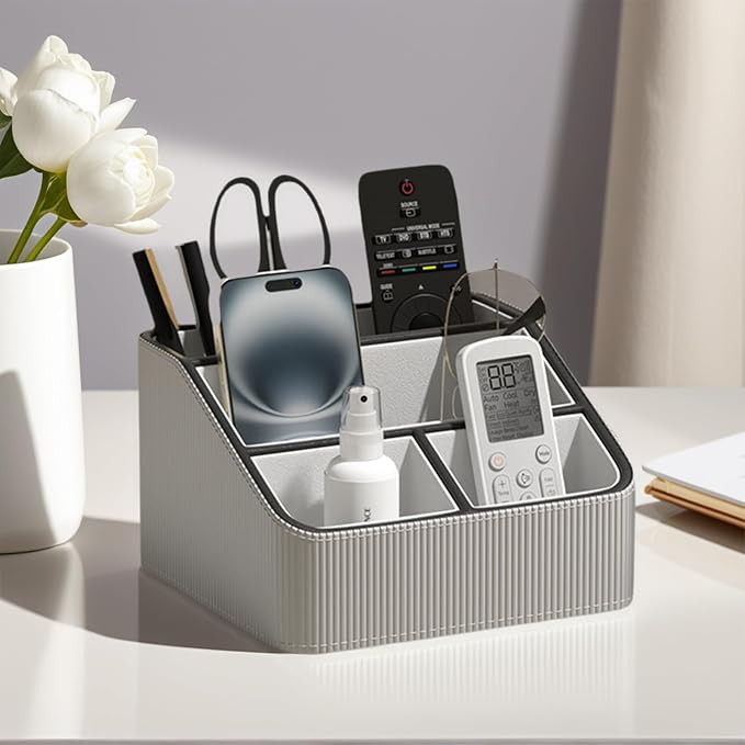 Buqoo Grey PU Leather Desk Organizer with Gold Accents | 4-Compartment Remote Holder & Stationery Caddy for Office/Nightstand (6.89in×6.69in×3.94in)