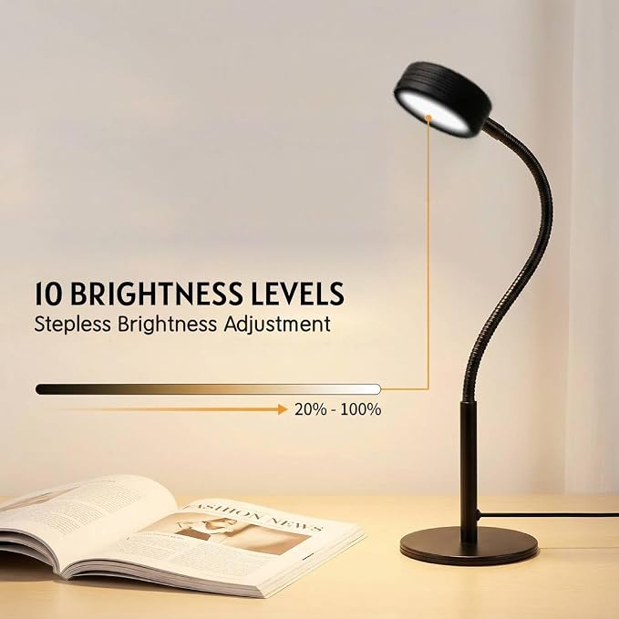 6W LED Desk Lamp with Gooseneck and US Adapter, CRI 90 | Metal Dimmable Reading Light, 3 Colors and 10 Brightness Levels, for Office Study