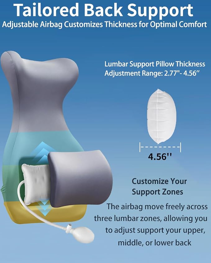 27.7'' Adjustable Airbag Full Back Lumbar Support Pillow, Back Pain Relief | High Memory Foam Lumbar Cushion for Office Chair Upper Lower Back Pain Relief, Improves Posture for Desk, Gaming Chair, Couch