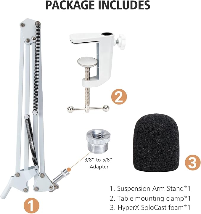 For HyperX SoloCast White Boom Arm - White Mic Arm Compatible with Hyper x SoloCast, Microphone Boom Arm with Pop Filter, Improve Sound Quality, White Mic Boom Arm for Hyperx SoloCast by SUNMON
