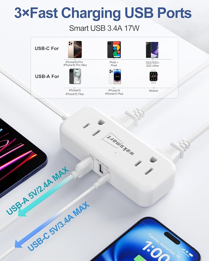 Flat Extension Cord 6 Feet - 4 AC Outlets 3 USB Ports (5V/3.4A 17W), Flat Plug Power Strip Compact for College Dorm, Travel, Cruise, Home, Office