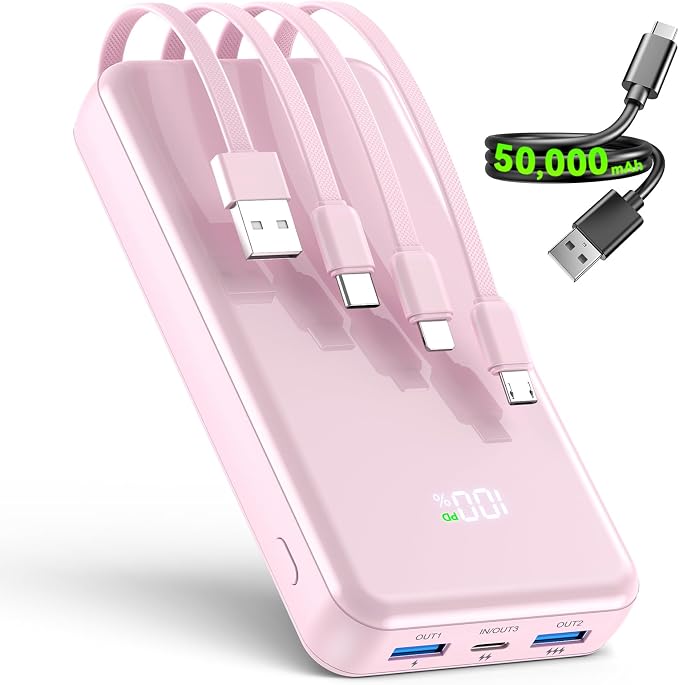 Portable Charger,50000mAh Power Bank Built-in Cable, 22.5W PD USB C In & Out Fast Charging, External Battery Pack with 6 Output & 2 Input, Travel Phone Charger for iPhone 17/16/15/14/13/12(Rosy)
