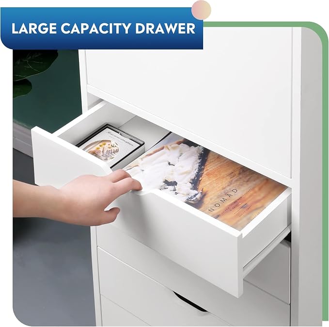 DEVAISE 5 Drawer Cabinet with 1 Door, Mobile Office File Cabinet, White | Wood Rolling Cart, Filing Drawers, Craft Storage Drawer Cabinet, Printer Stand, Home Office