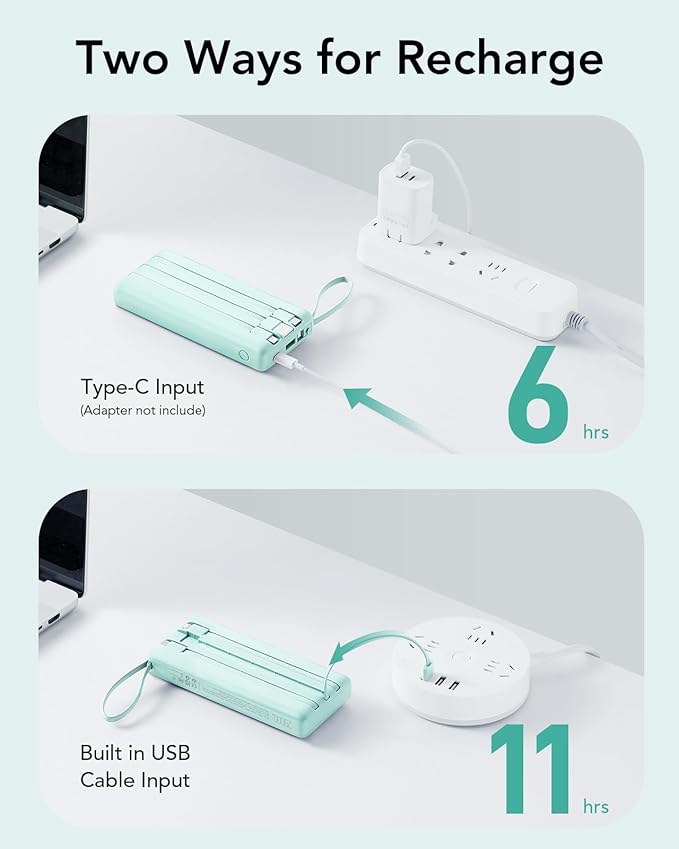 VRURC Portable Charger 20000mAh, Built-in Cables Fast Charging Power Bank, PD QC 3.0 Travel Essentials Battery Pack, 4 Output & 2 Input Phone Charger for iPhone, Samsung, Android