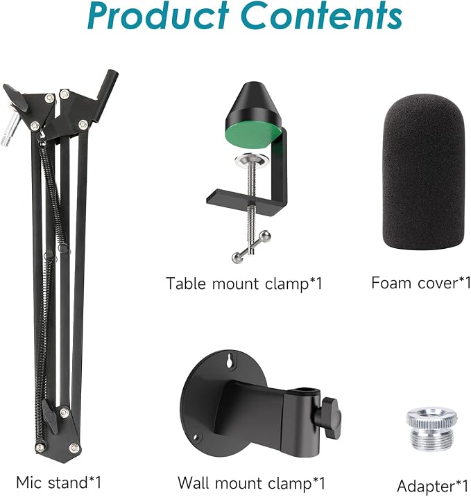 YOUSHARES Wall Mount QuadCast Boom Arm Stand with Mic Windscreen and Table Mount Clamp, Mic Stands and Holders Compatible with HyperX QuadCast S Microphone