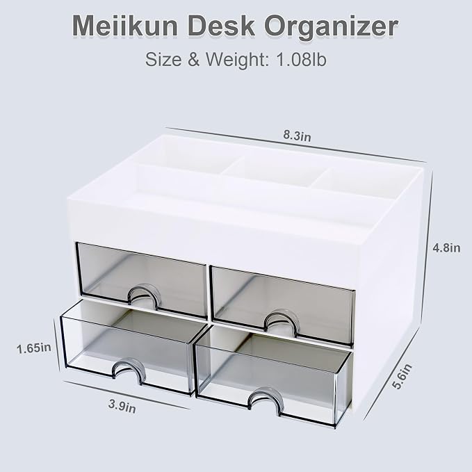 Meiikun Desk Organizer, Office Organizer with Drawer, Desk Accessories & Workspace Organizers, Pen Holder Office Supplies for Desk (4 Drawers+4 Compartments, White)