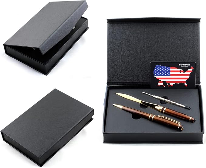 Custom Engraved Executive Pen Gift Set – Personalized Brass Ballpoint Pen with Matching Paper Tool – Elegant Gift Box (Brown)