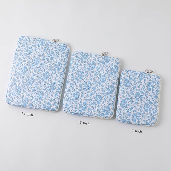 Puffy Laptop Sleeve 13 Inch Cute Quilted Laptop Protective Case Padded Floral Computer Sleeve for MacBook (B-Blue, 13 Inch)
