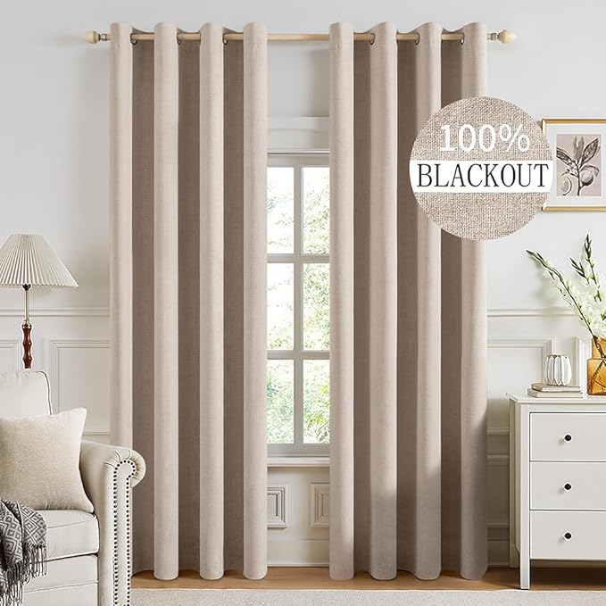 MIULEE 100% Blackout Textured Curtains for Bedroom Solid Thermal Insulated Natural Beige Grommet Room Darkening Curtains & Drapes Luxury Decor for Living Room 52 x 94 Inch (2 Panels)