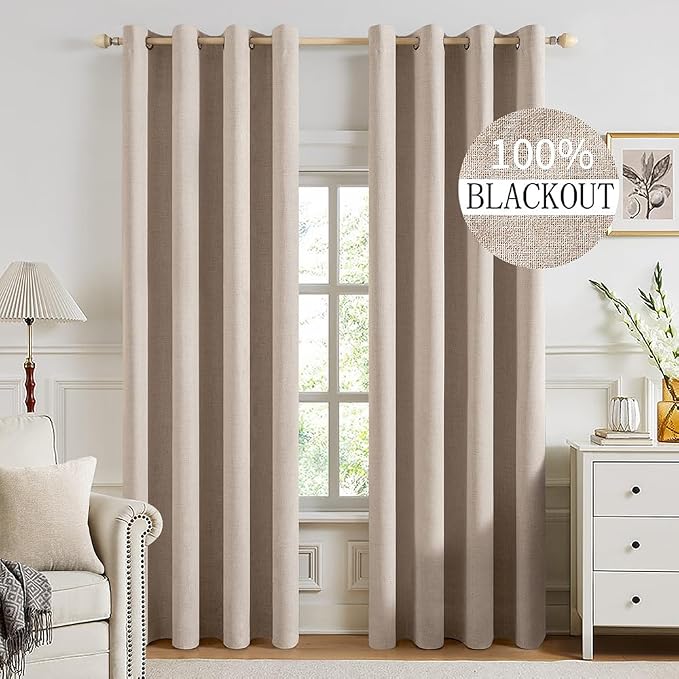 MIULEE 100% Blackout Linen Textured Curtains for Bedroom Solid Thermal Insulated Natural Beige Grommet Room Darkening Curtains & Drapes Luxury Decor for Living Room 52 x 92 Inch (2 Panels)
