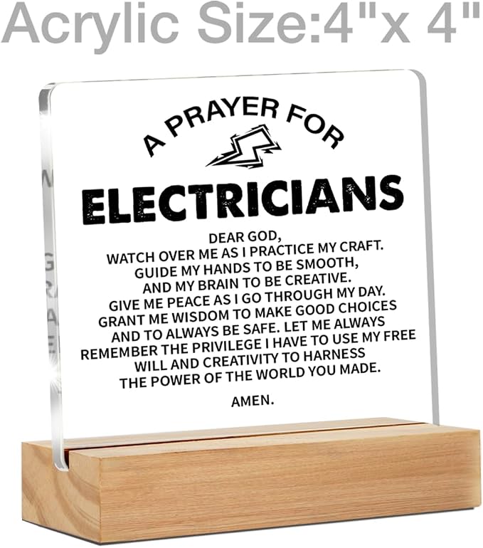 Electrician Gifts for Men Women Desk Accessories Decor Sign | Graduation Gifts for Electricians, Electrician Prayer, Home Office Living Room Desk Decor, Clear, Acrylic, 4 x 4 Inches