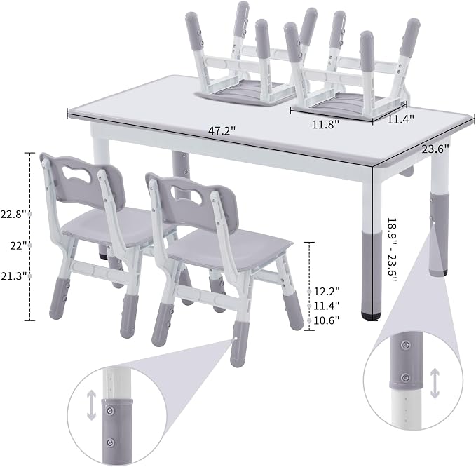 DOREROOM Adjustable Kids Table & 4 Chairs Set, 47.2" L x 23.6" W, Grey | Graffiti Desktop,Table Supports 300 lbs,Toddler Ages 2-8，FSC-certified, Children Activity Table for Daycare, Classroom, Home