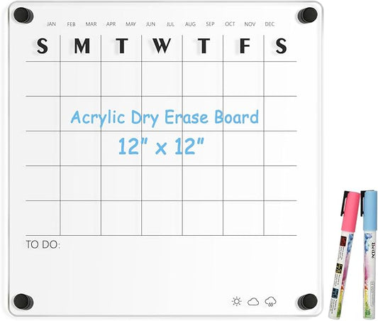 Acrylic Calendar for Wall Whiteboard, 12" x 12" Weekly Clear Dry Erase Board, Small Planning Board White Board for Wall, Home, Office, School