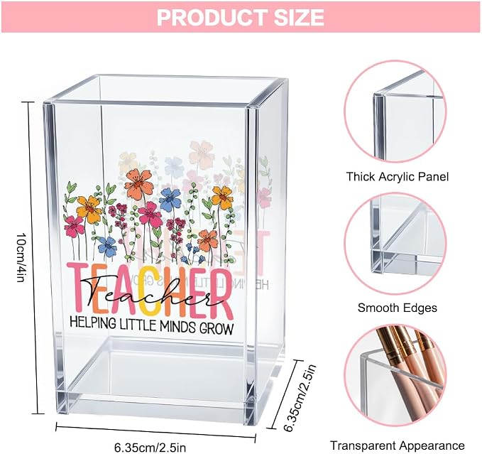 Teacher Helping Little Minds Grow Acrylic Pen Holder for Desk, Funny Floral Teacher Desk Organizer for Office Classroom, Back to School Gifts, Appreciation Gifts for Women Teachers Educators