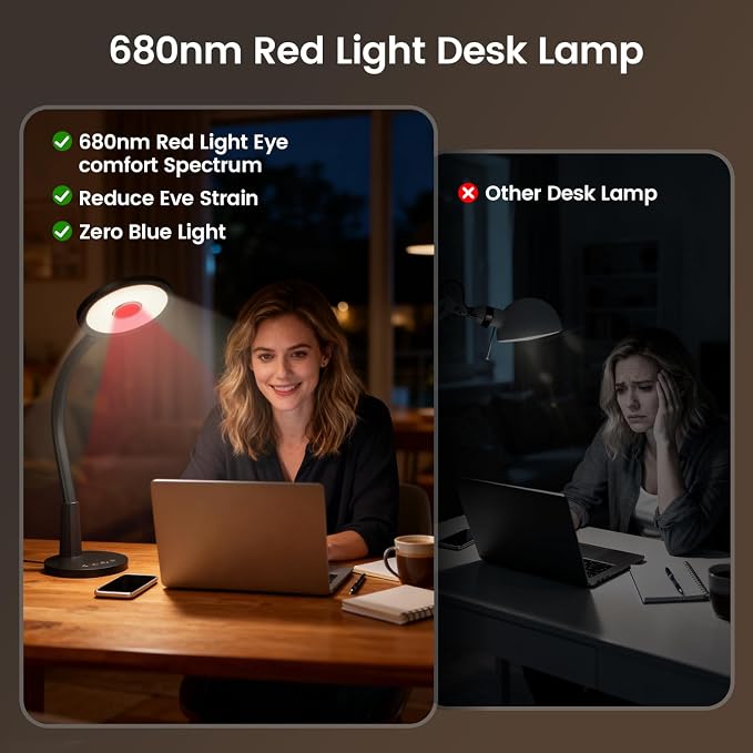 Glendan Desk Lamp for Home Office: Eye-Caring LED Red Light Desk Lamp, 10 Brightness & Flexible Gooseneck, Dimmable Desk Light with Memory & Timer, Table Lamp for Study, Bedroom