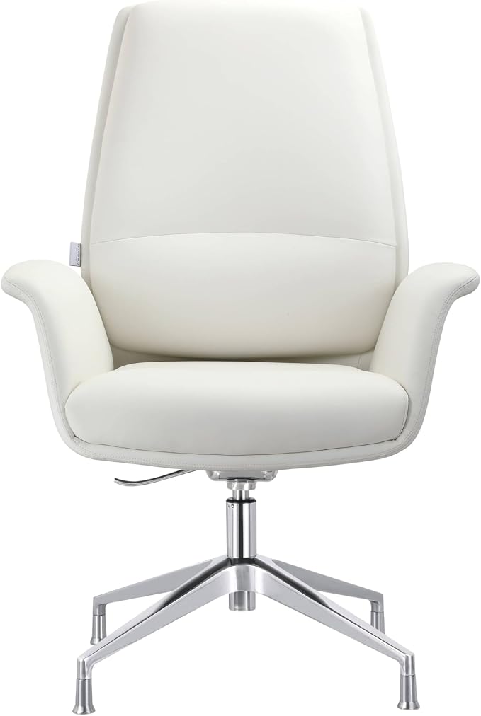 LeisureMod Mid-Century Modern Swivel Office Chair, Adjustable Height with Faux Leather Seat and Aluminum Frame, White