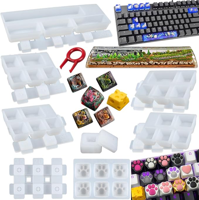 Keycaps Epoxy Resin Casting Mold Set for Mechanical Gaming Keyboard 7 Trays | Polymer Clay Crafts Silicone Mould with Key Puller