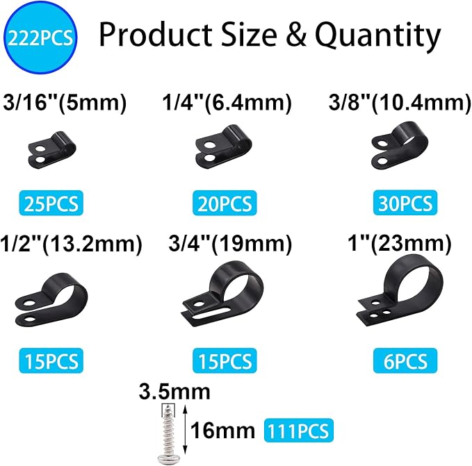 TWTADE 222PCS Black Cable Clamps Assortment Kit,Nylon Plastic R-Type 6 Sizes 3/16'' 1/4'' 3/8'' 1/2'' 3/4'' 1'' Cable Mounting Wire Clips Fastener with Screws for Wire Management