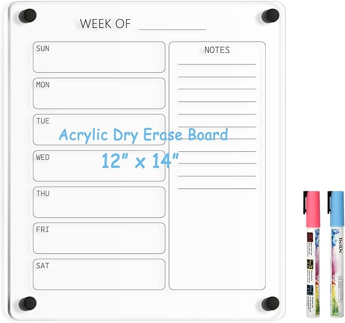 Acrylic Calendar for Wall Whiteboard, 14" x 12" Weekly Clear Dry Erase Board, Small Planning Board White Board for Wall, Home, Office, School, 2 Markers