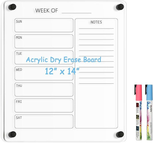 Acrylic Calendar for Wall Whiteboard, 14" x 12" Weekly Clear Dry Erase Board, Small Planning Board White Board for Wall, Home, Office, School, 2 Markers