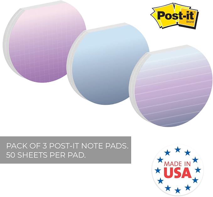 Ombre Sticky Note Pad Assortment/Set of 3 Round Flat Top Striped Planner Note Pads / 3.5" Grid Sticky Notes / 50 Sheets Per Pad/Made in USA