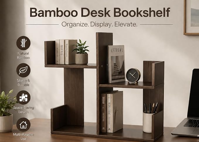Modern 2-Tier Desk Bookshelf, Short Book Organizer, Display Shelf & Desktop Storage Rack, Space-Saving Desk Bookshelf for Books, Decor & Small Items, Brown
