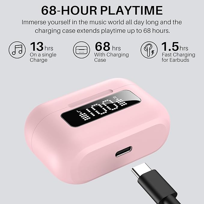 TOZO Hybrid Active Noise Cancelling Wireless Earbuds with 6 Mics AI Clear Call Ear Buds 68H Playtime with LED Display 32 Preset EQs via APP Bluetooth 5.3 IPX8 Waterproof in Ear Headphones