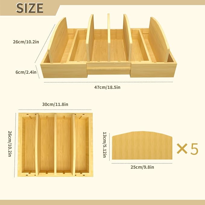 Lid Organizer for Cabinet – Bamboo Kitchen Storage for Plastic Lids, Adjustable Drawer Dividers, Food Container Organizer (Fits Cabinets & Drawers) (Extra Large)