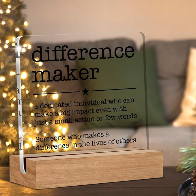 Appreciation Gifts for Leader Boss Mentor Coworker Teacher Difference Maker Gift Difference Maker Definition Clear Desk Decorative Sign Acrylic Sign With Wooden Stand for Desk Table Shelf