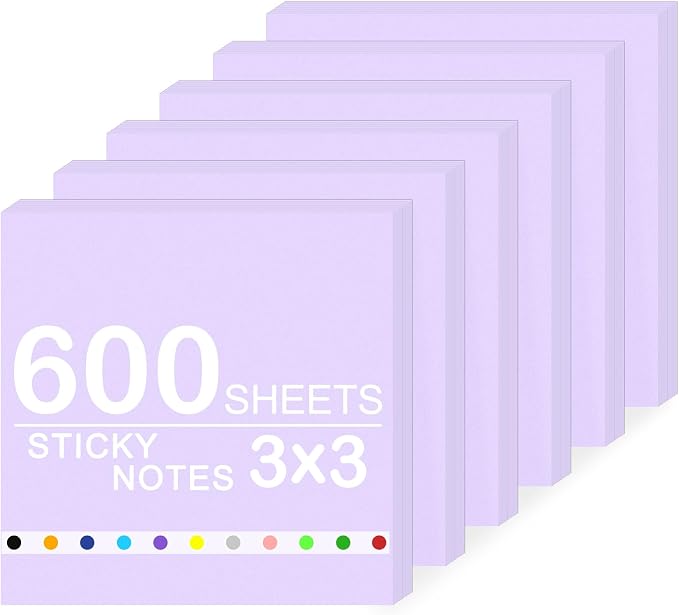 Super Sticky Notes,6 Pads Self-Stick Note Pads 3 x 3 in,600 Sheets Total Sticky Notepad Bulk Post,Office Supplies,School Supplies,Christmas Decor (Morandi Purple, 6 Pads Sticky Notes 3x3)