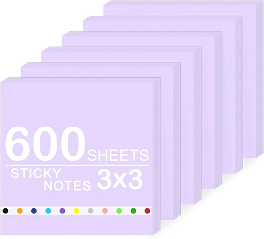 Super Sticky Notes,6 Pads Self-Stick Note Pads 3 x 3 in,600 Sheets Total Sticky Notepad Bulk Post,Office Supplies,School Supplies,Christmas Decor (Morandi Purple, 6 Pads Sticky Notes 3x3)