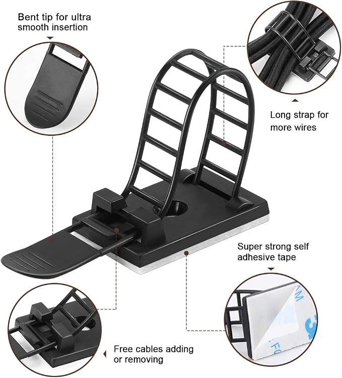 100Pcs Adhesive Cable Management Clips with 50Pcs Zip Ties, Adjustable Nylon Cable Strap Ties Wire Clips Clamps Organizer with Strong Adhesive Tape, Extra Screw & Hole - 3.55 Inch Black