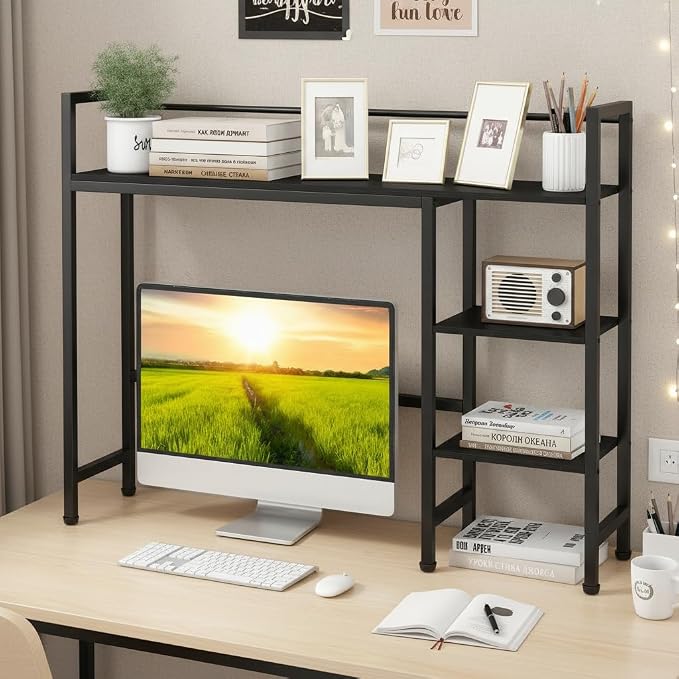 Tangkula 4-Tier Desktop Bookshelf, 38.5" Dorm Desk Hutch, Black | Tabletop Hutch for Computer Monitor, 4 Open Storage Shelves, Anti-tip Device, Desktop Display Shelves for Home Office
