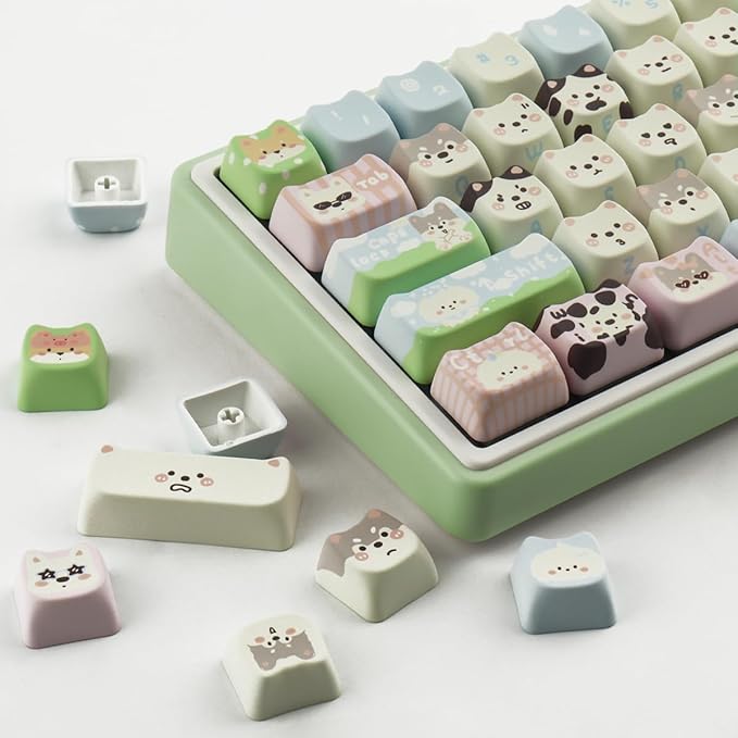 PBT Keycaps 134 Keys Cute Keycap Dye-Sublimation Matcha Green Pet Puppy Keycap Mao Profile Cat Shape Custom Keycaps for Cherry Gateron MX Swithes Mechanical Keyboards