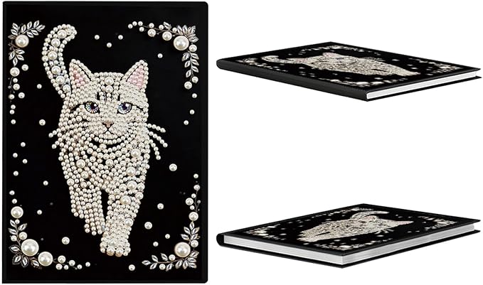 FRANDEK Pearl Painting Notebook Kit, Cute Cat A5 DIY Journal with 50 Blank Pages, Diamond Gem Art Cover with Waterproof Canvas, Beginner Craft Set with Full Tools for Adults