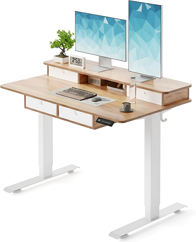 CubiCubi 48" x 24" Standing Desk with Drawers, Height Adjustable Electric Workstation, Computer Sit Stand Up Table with Large Storage Shelf 4 Drawers and 2 Hooks, Light Rustic Brown