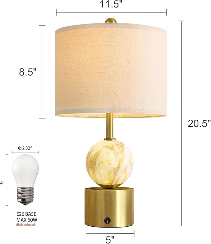 Oneach 20.5" Small Bedside Table Lamps for Bedroom Nightstands, Gold Glass Modern Table Lamps Set of 2 with USB A+C Charging Port, Night Light, Luxury Lamps for Living Room End Table(Bulbs Included)