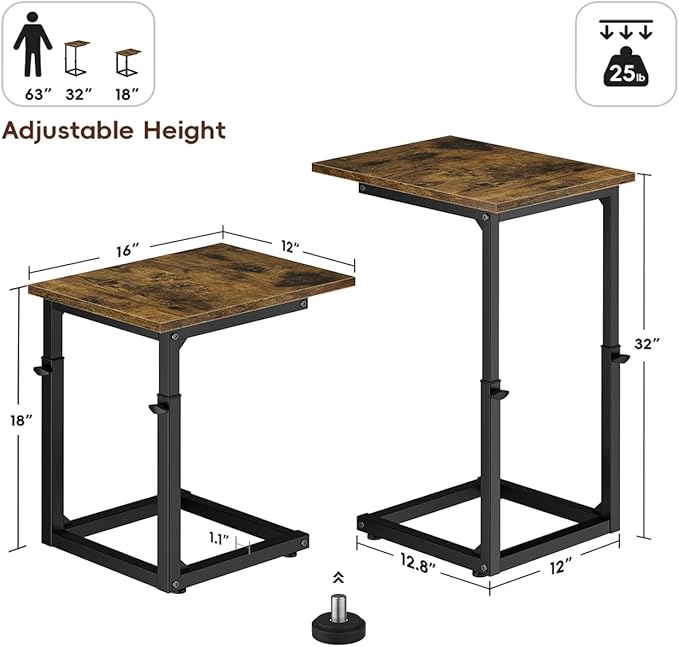 Vagusicc C-Shaped End Table for Couch, 33" Tall C Table Adjustable Height Side Table, Couch Side Tables with Metal Frame Slide Under Sofa, Sofa Table TV Tray for Living Room, Bedroom, Bedside, Brown