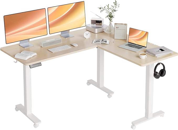 Claiks L Shaped Standing Desk Dual Motor 63x55in Adjustable Height Natural | Height 28.5-47.2 inch, 220lbs capacity, sturdy steel frame, splice board included, ideal for home office corner