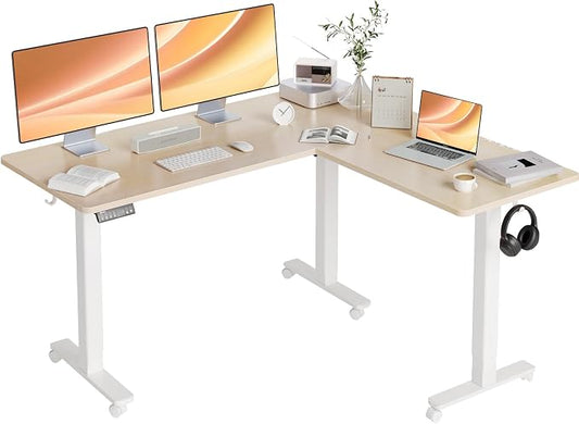 Claiks L Shaped Standing Desk Dual Motor 63x55in Adjustable Height Natural | Height 28.5-47.2 inch, 220lbs capacity, sturdy steel frame, splice board included, ideal for home office corner