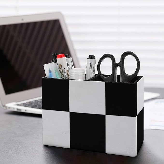 Black And White Plaid PU Leather Pen Holder Desk Organizer, 2-Compartment Pencil Container for Office, Home, Vanity Use